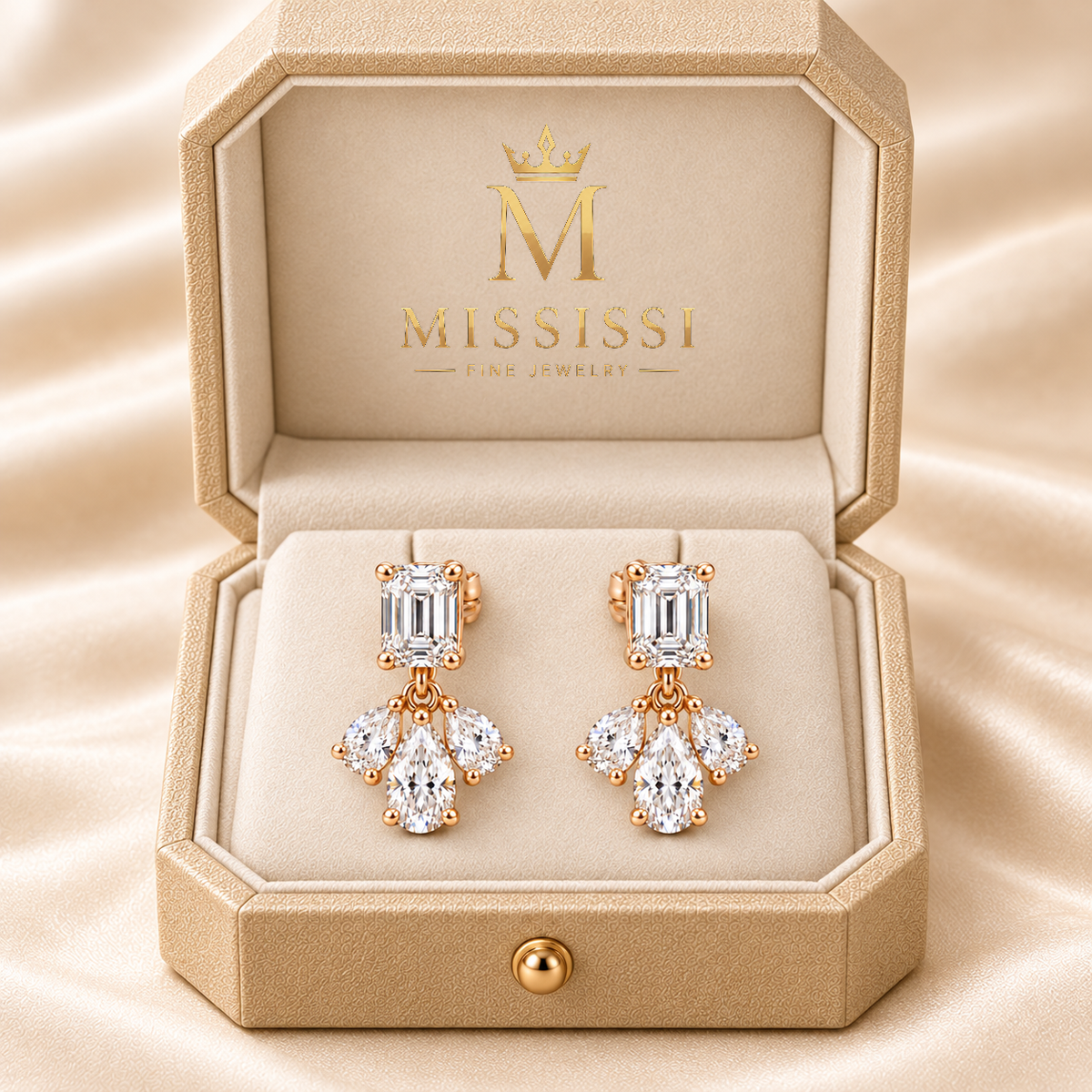 MISSISSI W13 jewelry in pale champagne rose gold, champagne ivory presentation box