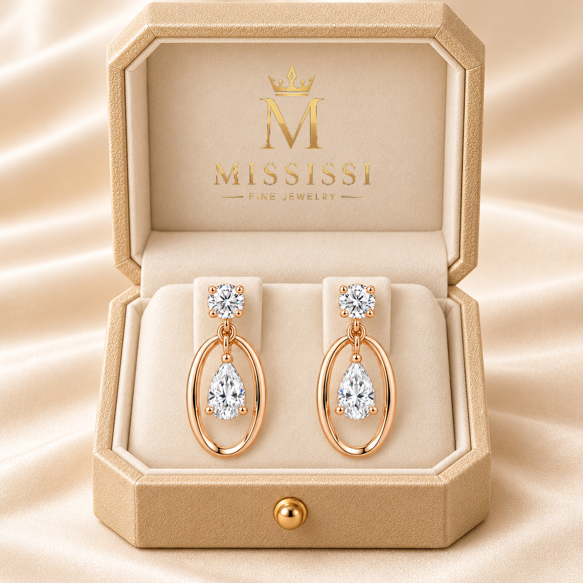 MISSISSI W14 jewelry in pale champagne rose gold, champagne ivory presentation box