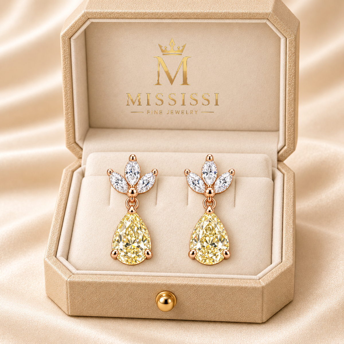 MISSISSI W20 jewelry in pale champagne rose gold, champagne ivory presentation box