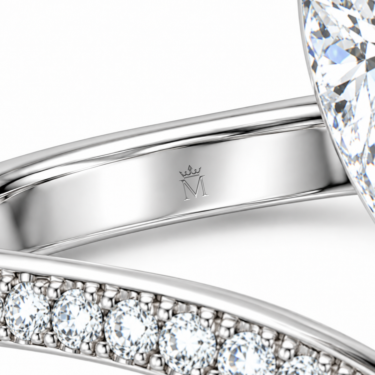 MISSISSI 1 Carat Pear-Shaped Lab-Grown Diamond Ring | E/VVS, IGI, 9K White Gold, crown and M hallmark detail. Design visualization.