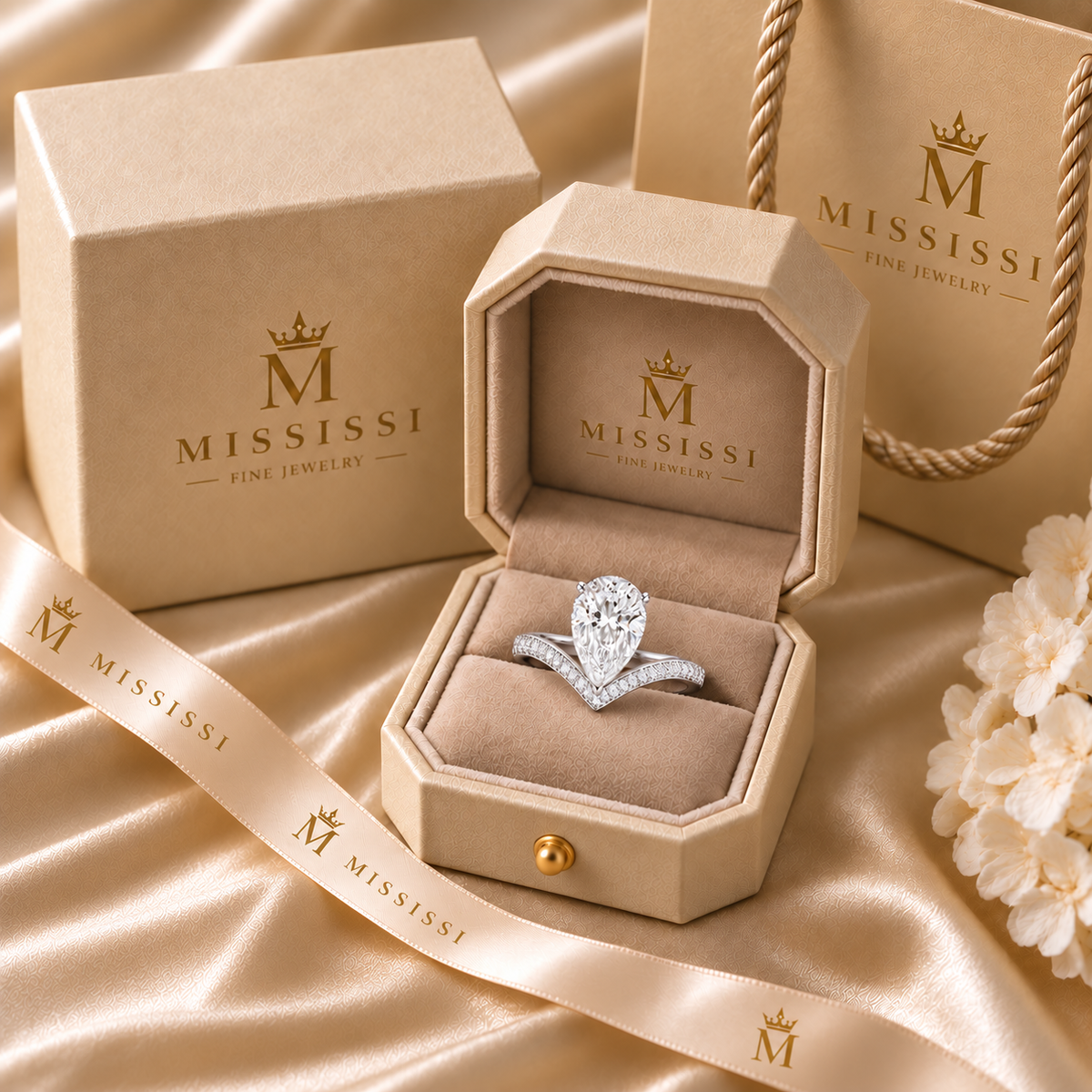 MISSISSI 1 Carat Pear-Shaped Lab-Grown Diamond Ring | E/VVS, IGI, 9K White Gold, presentation packaging. Design visualization.