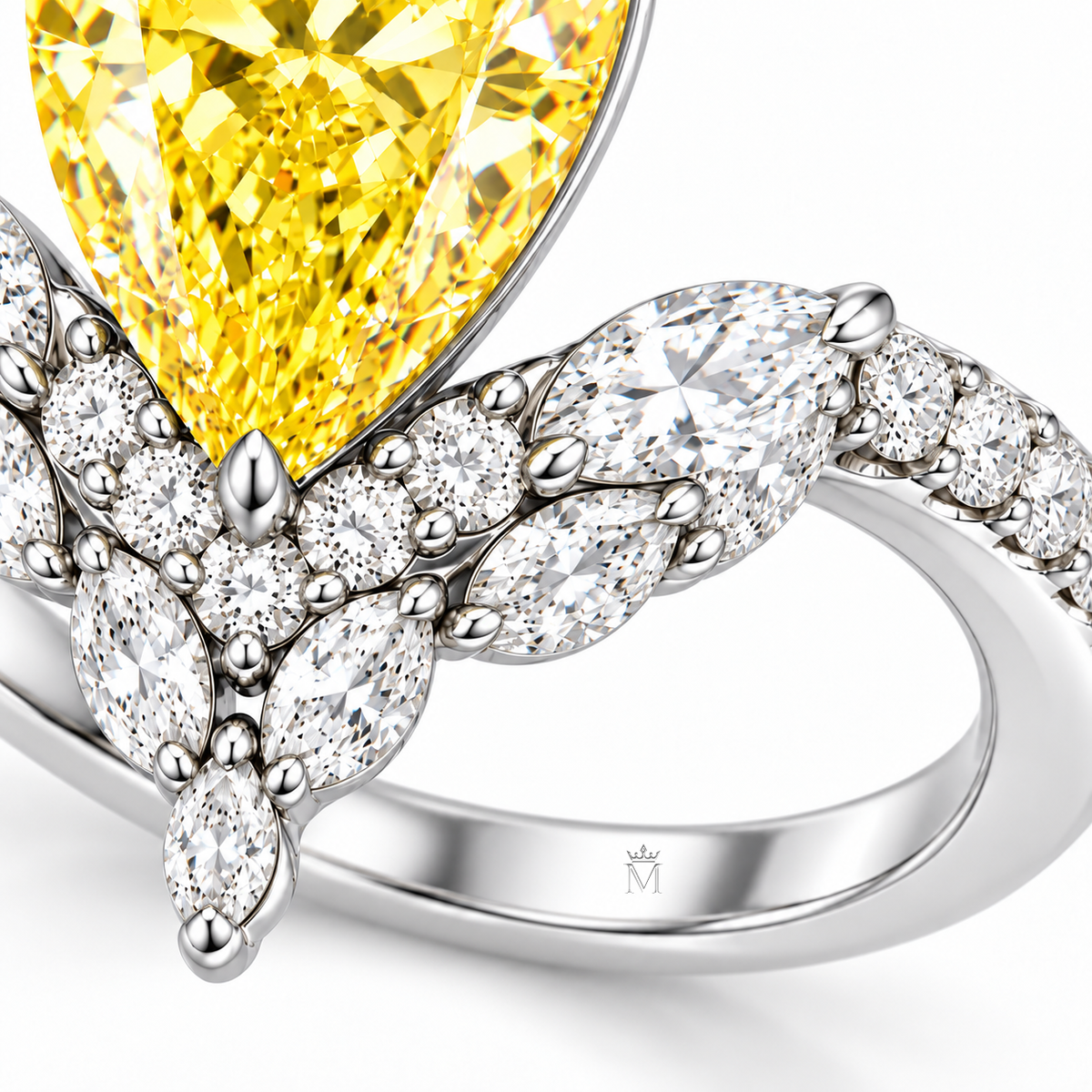 MISSISSI 5 Carat Pear Fancy Yellow Lab-Grown Diamond Engagement Ring | VVS, IGI, inner-band crown and M engraving detail. Design visualization.
