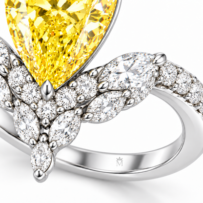 MISSISSI 5 Carat Pear Fancy Yellow Lab-Grown Diamond Engagement Ring | VVS, IGI, inner-band crown and M engraving detail. Design visualization.