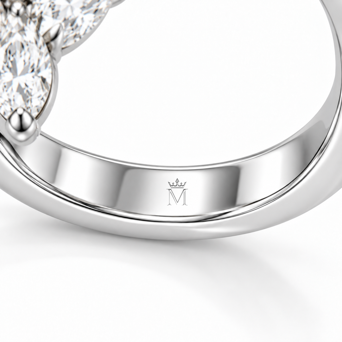 MISSISSI 5 Carat Pear Fancy Yellow Lab-Grown Diamond Engagement Ring | VVS, IGI, inner-band crown and M engraving detail. Design visualization.
