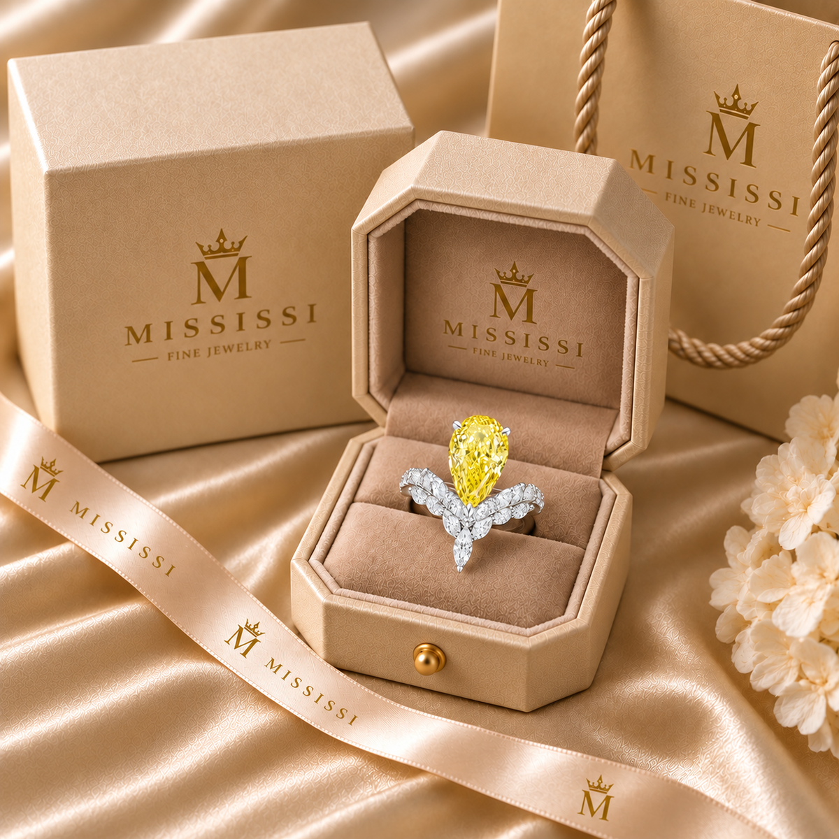MISSISSI 5 Carat Pear Fancy Yellow Lab-Grown Diamond Engagement Ring | VVS, IGI, presentation packaging. Design visualization.