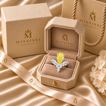 MISSISSI 5 Carat Pear Fancy Yellow Lab-Grown Diamond Engagement Ring | VVS, IGI, presentation packaging. Design visualization.