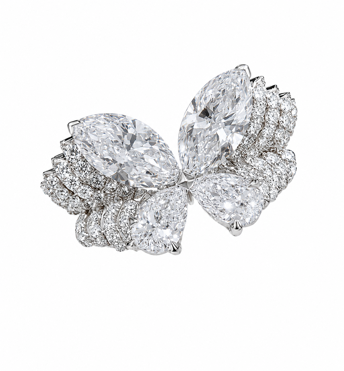 A sculptural butterfly diamond ring featuring two 3-carat marquise-cut diamonds and two 2-carat pear-cut diamonds, creating 10 carats across the four featured stones. The four diamonds form luminous butterfly wings above a wide, multi-row pavé-set band.
