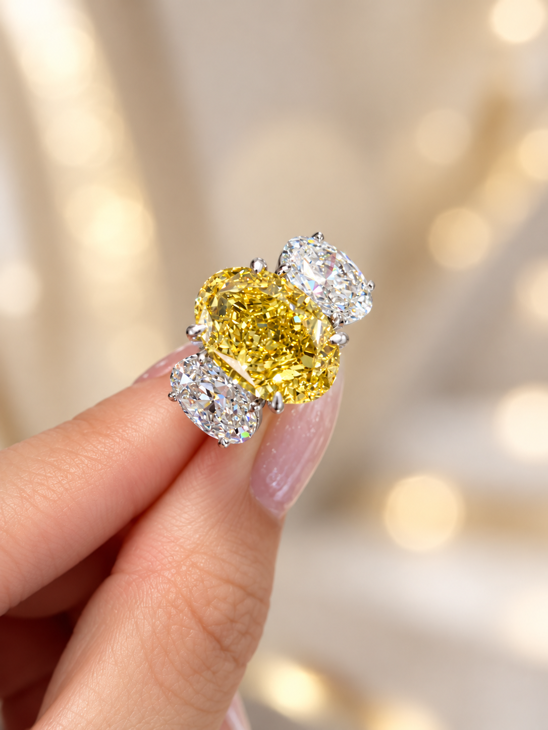 12 Carat Oval Fancy Yellow Lab-Grown Diamond Three-Stone Ring, jewelry detail view — MISSISSI Fine Jewelry