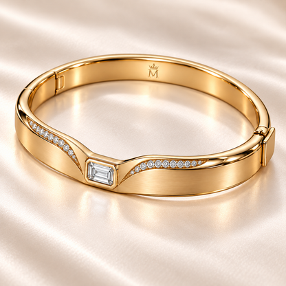 MISSISSI CROWNLINE lab-grown diamond bangle in yellow metal, alternate angle on ivory; design visualization