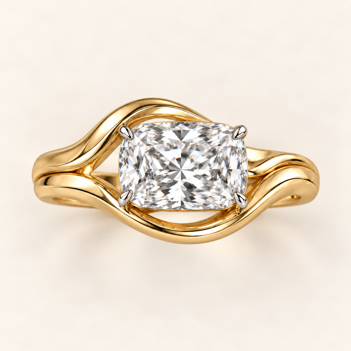 AI design visualization of Crosslight East-West Cushion Lab-Grown Diamond Ring — top