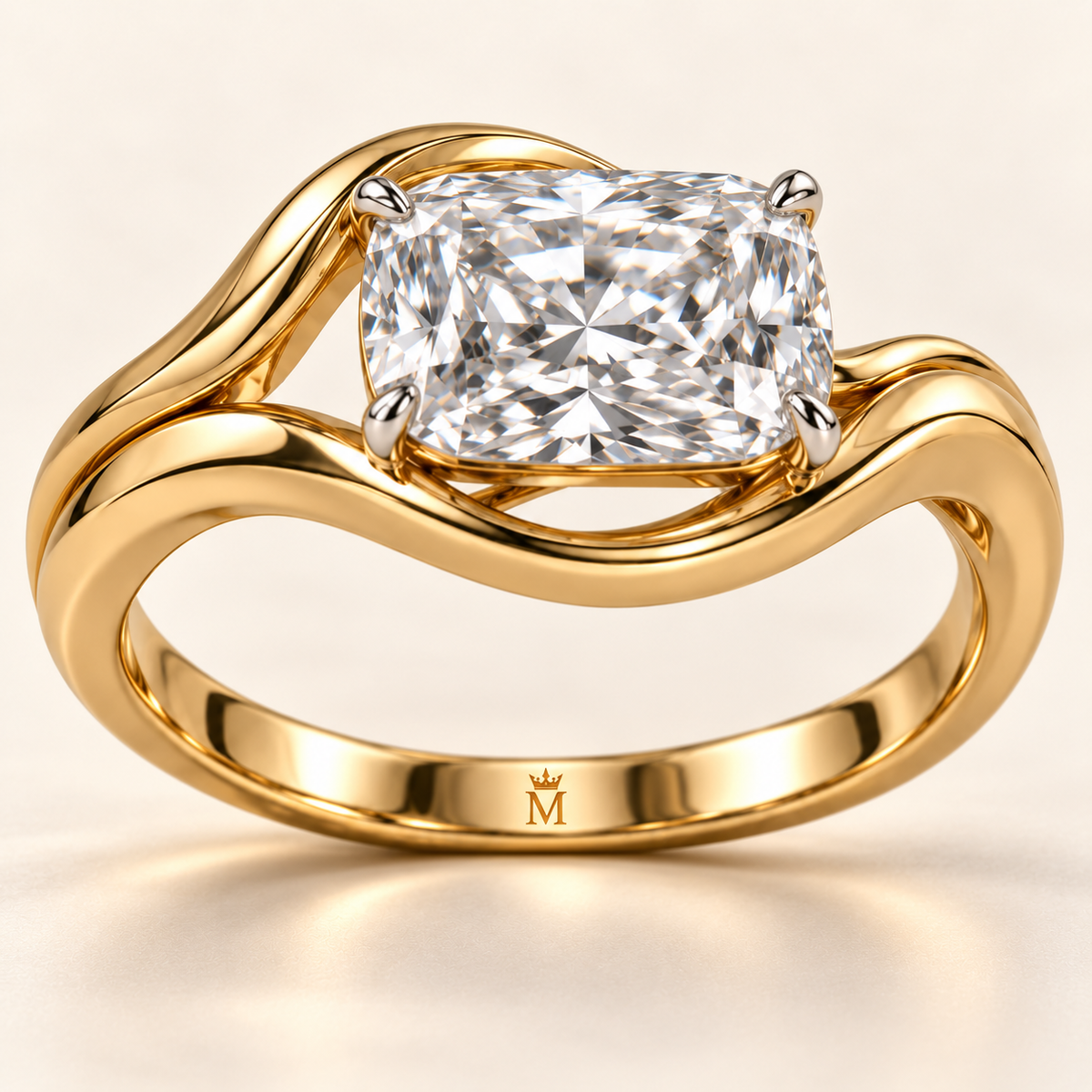 AI design visualization of Crosslight East-West Cushion Lab-Grown Diamond Ring — inner-band engraving detail