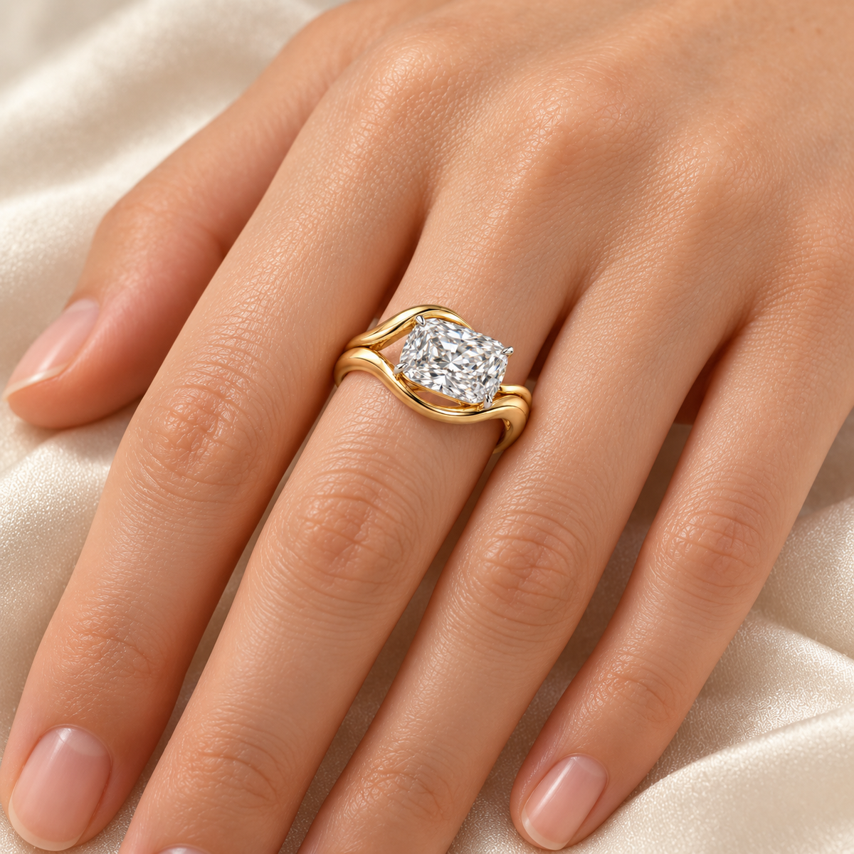 AI design visualization of Crosslight East-West Cushion Lab-Grown Diamond Ring — wear visualization