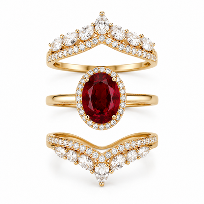 6 Carat Pigeon Blood Ruby Bridal Ring Set | 3 Piece Lab Grown Ruby & Diamond Engagement Ring | 14K & 18K Gold | MISSISSI Jewelry