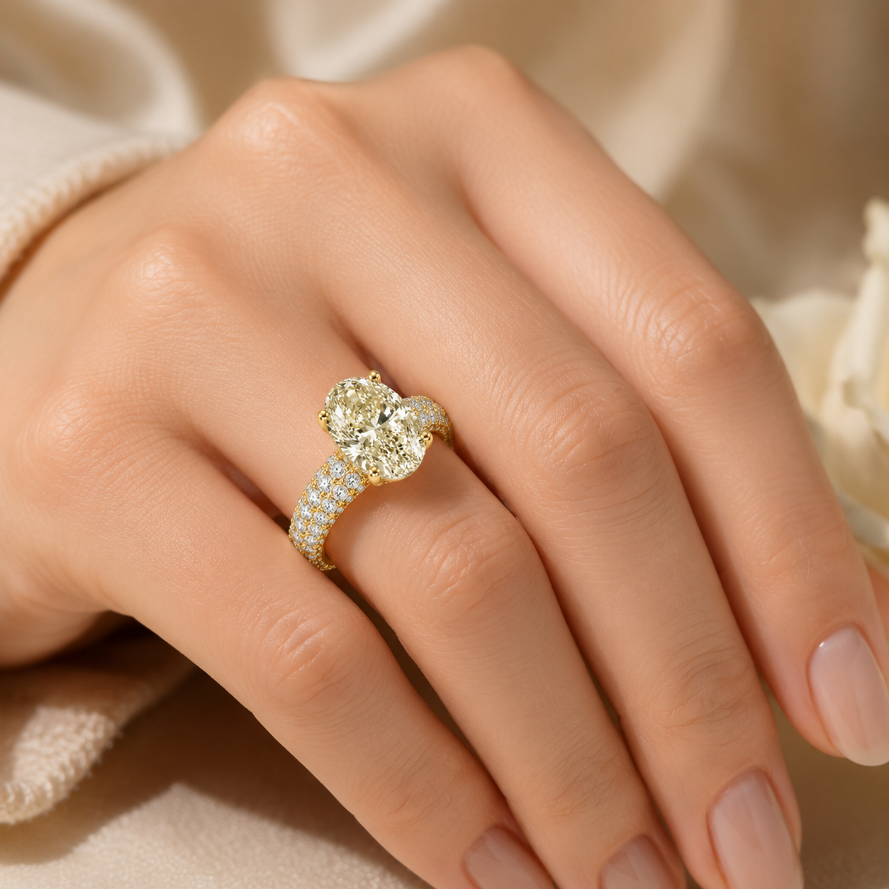 6 Carat Oval Cut Lab Grown Diamond Ring | Luxury Pavé Engagement Ring | D Color VVS | 14K & 18K Gold | MISSISSI Jewelry
