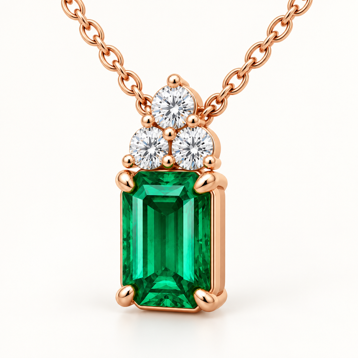 EM06 Emerald Trio necklace design visualization in pale rose gold, viewed at an angle
