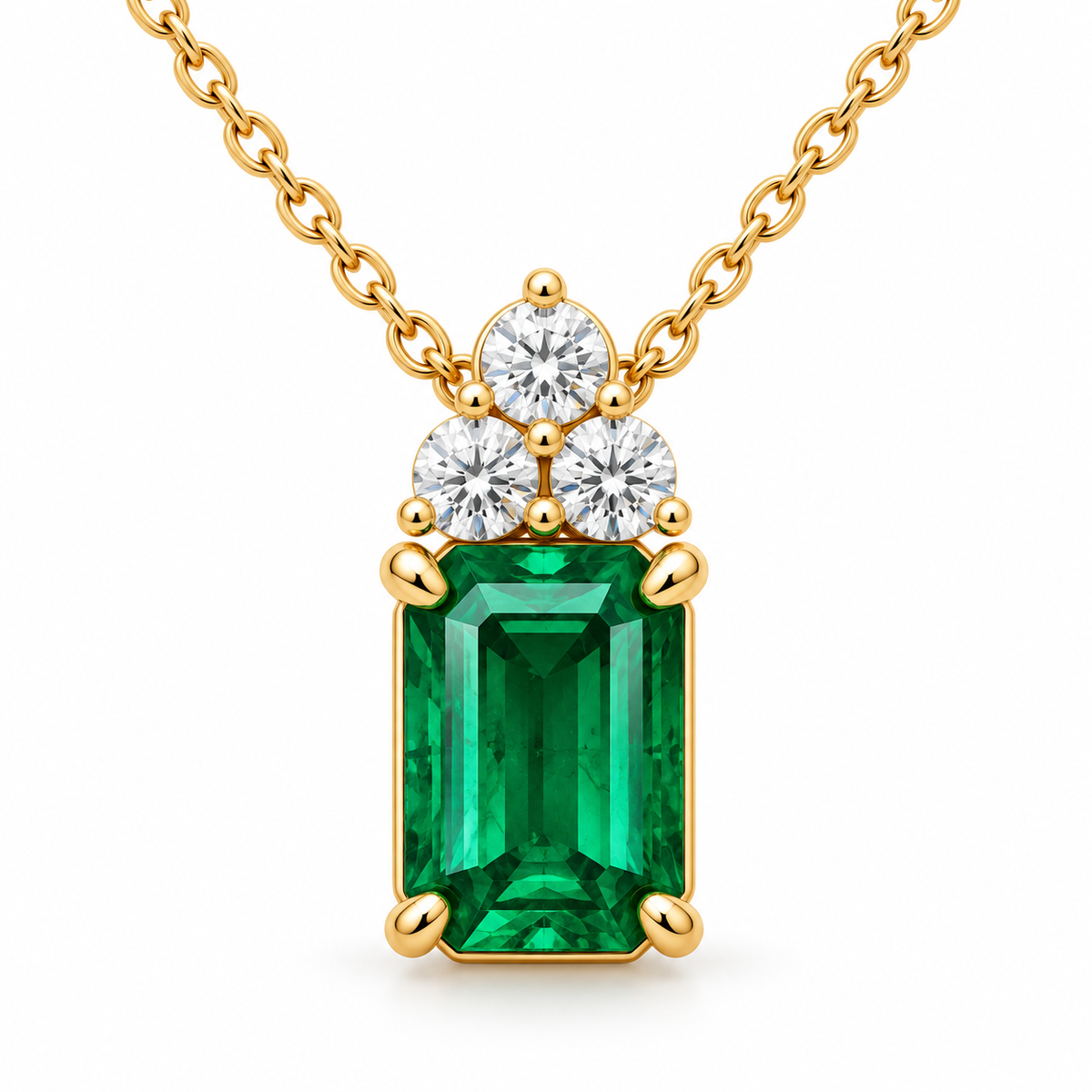EM06 Emerald Trio necklace design visualization in yellow gold, with one upright emerald-cut green emerald and three round diamond accents