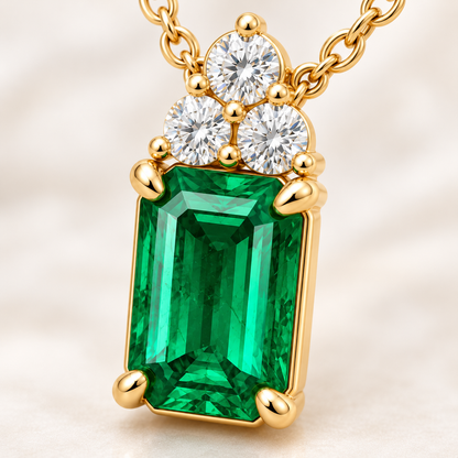 Close detail of EM06's corner prongs, green emerald and three-diamond triangular connector in yellow gold
