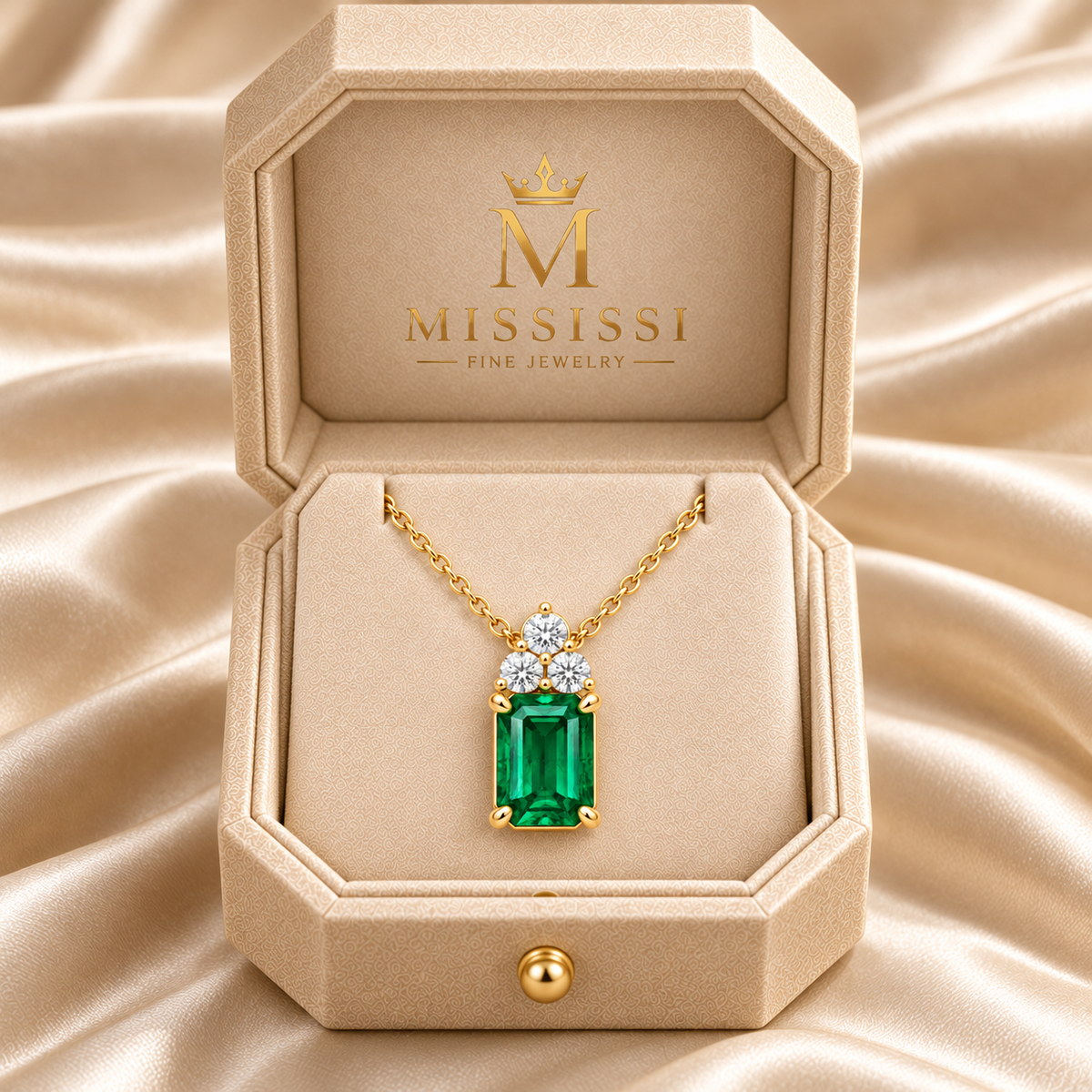 EM06 yellow-gold Emerald Trio necklace design visualization in champagne-beige cut-corner MISSISSI packaging with official crown-M branding