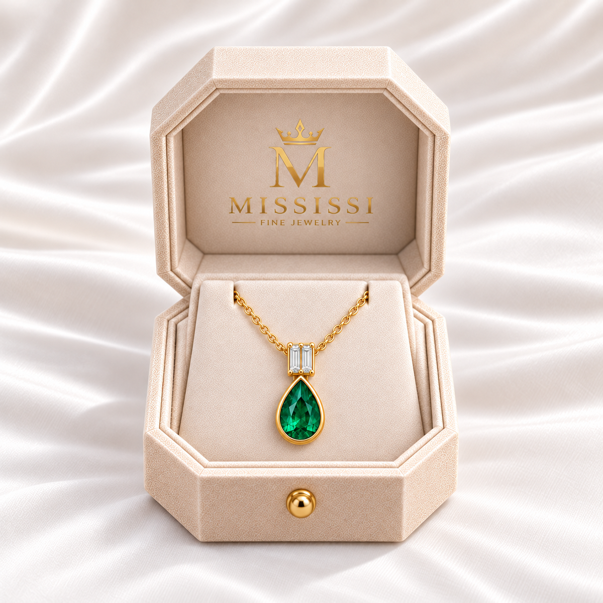 MISSISSI EM08 Quiet Pear lab-grown emerald necklace in yellow gold, displayed in champagne octagonal packaging with crown M branding; design visualization.