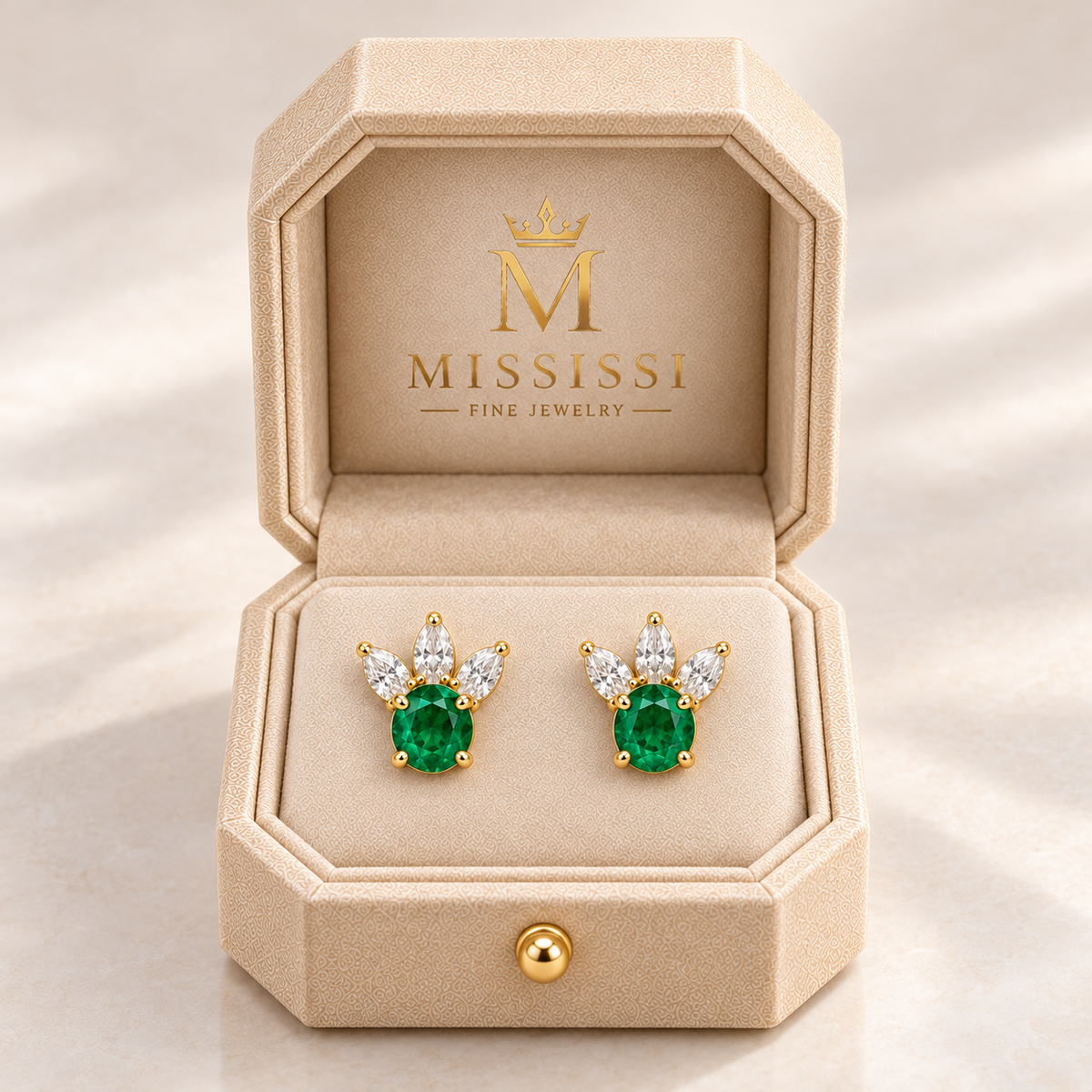 MISSISSI EM16 Emerald Petals lab-grown emerald stud earrings in yellow gold, displayed as a pair in champagne octagonal packaging with crown M branding; design visualization.