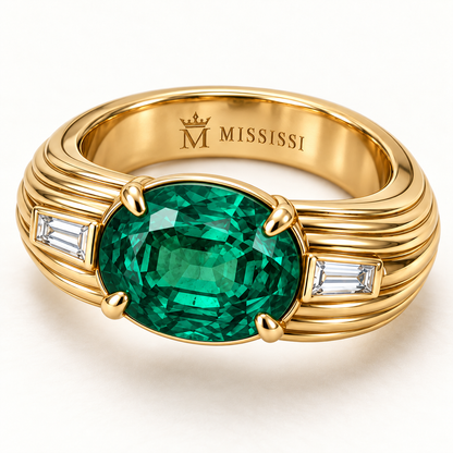 MISSISSI EM24 REED lab-grown emerald and baguette lab-grown diamond ring, inner engraving; design visualization.