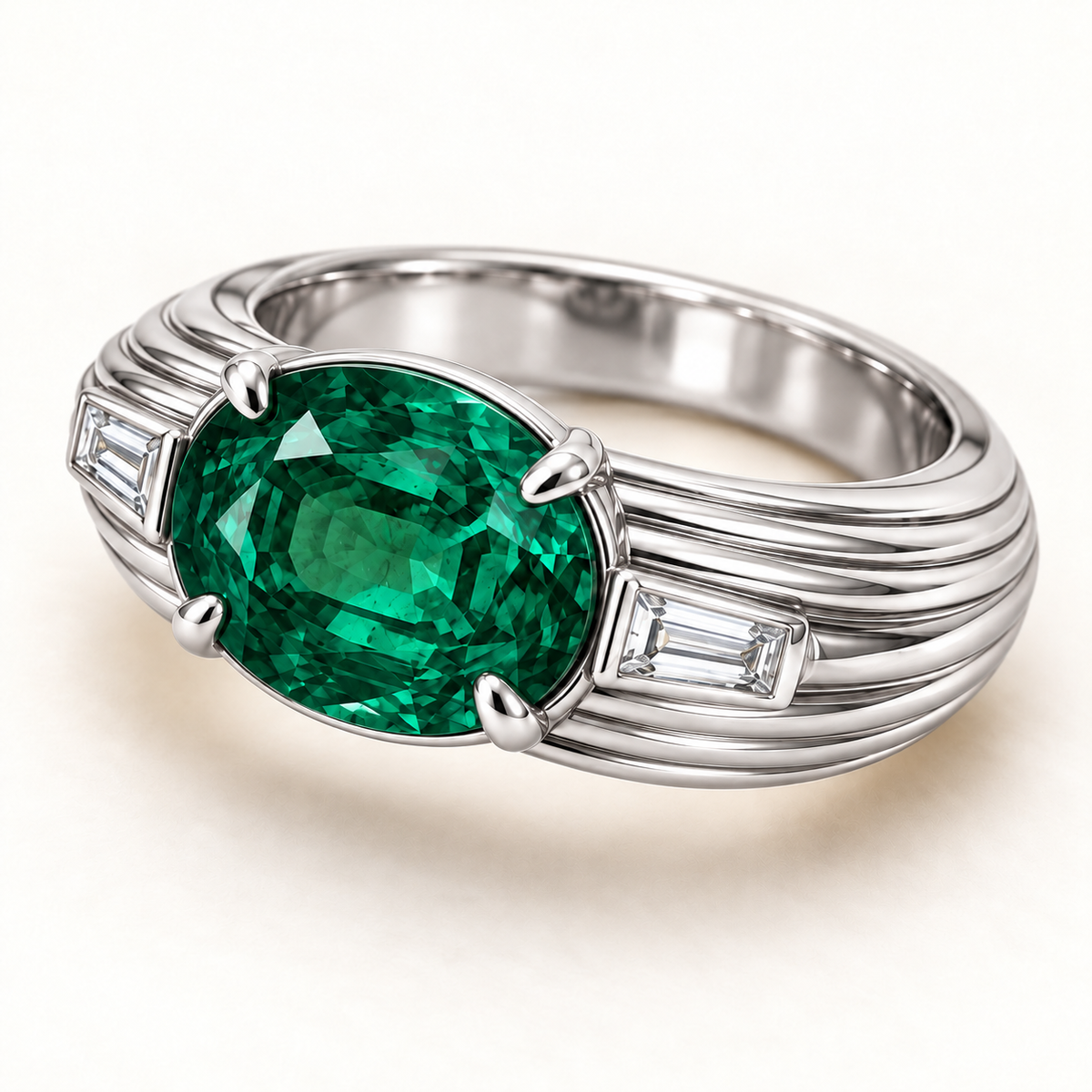 MISSISSI EM24 REED lab-grown emerald and baguette lab-grown diamond ring, white metal angle; design visualization.
