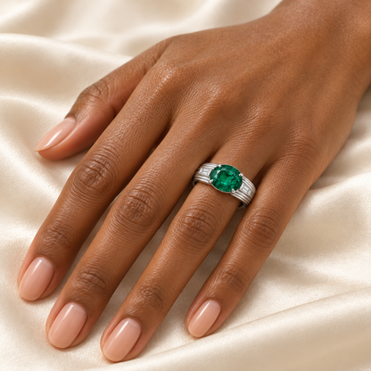 Design visualization of an adult hand wearing the EM24 Reed ring in white metal, with an east-west oval lab-grown emerald, ribbed band and two baguette lab-grown diamonds.