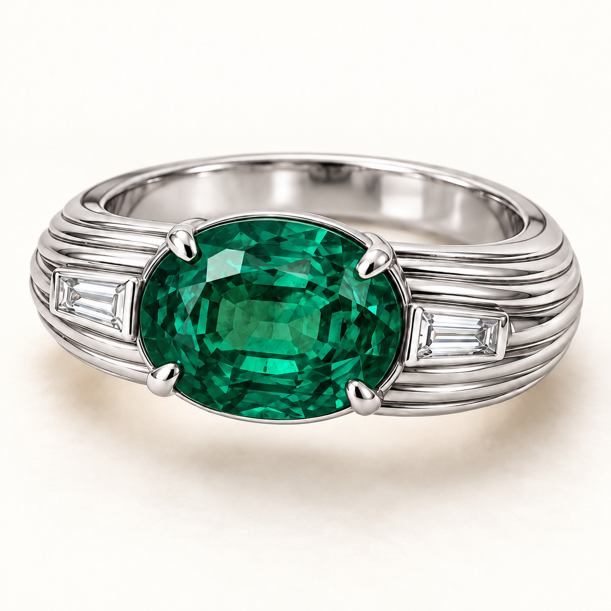 MISSISSI EM24 REED lab-grown emerald and baguette lab-grown diamond ring, white metal hero; design visualization.