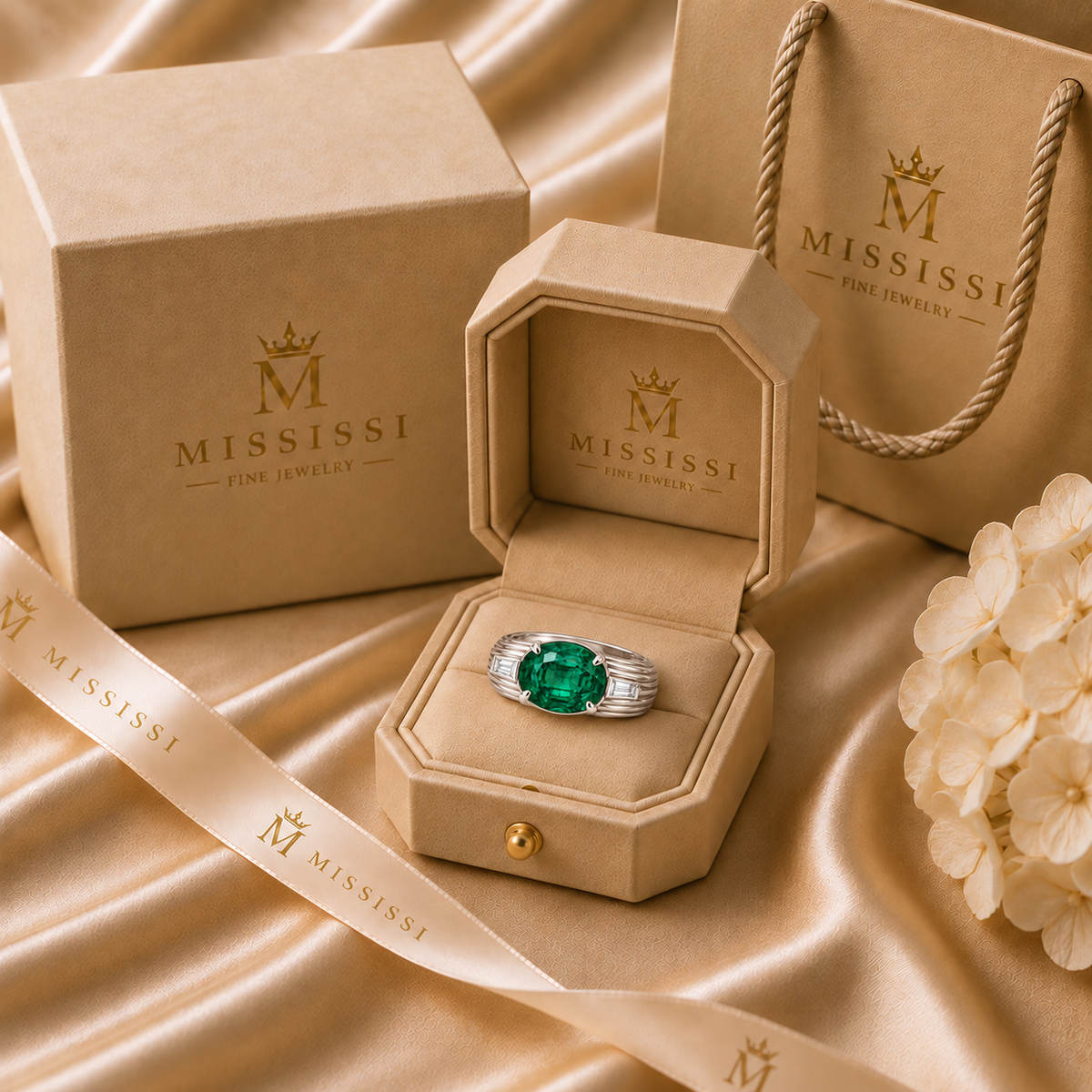 MISSISSI EM24 REED lab-grown emerald and baguette lab-grown diamond ring, white metal packaging; design visualization.