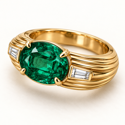 MISSISSI EM24 REED lab-grown emerald and baguette lab-grown diamond ring, yellow gold angle; design visualization.