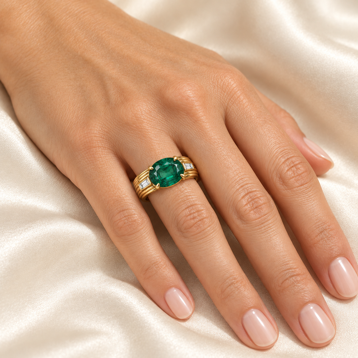 Design visualization of an adult hand wearing the EM24 Reed ring in yellow gold, with an east-west oval lab-grown emerald, ribbed band and two baguette lab-grown diamonds.
