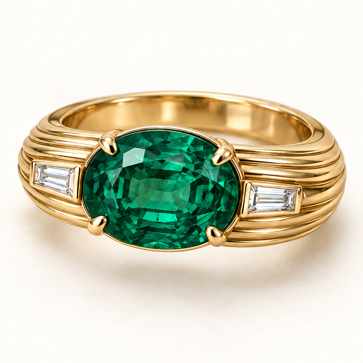 MISSISSI EM24 REED yellow gold design visualization with an east-west oval lab-grown emerald, two baguette lab-grown diamonds and a ribbed band.