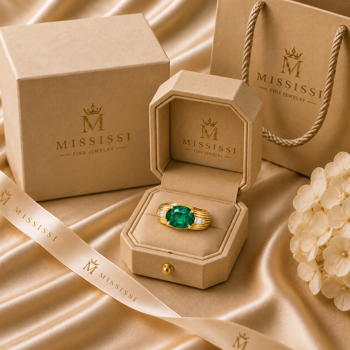 MISSISSI EM24 REED lab-grown emerald and baguette lab-grown diamond ring, yellow gold packaging; design visualization.