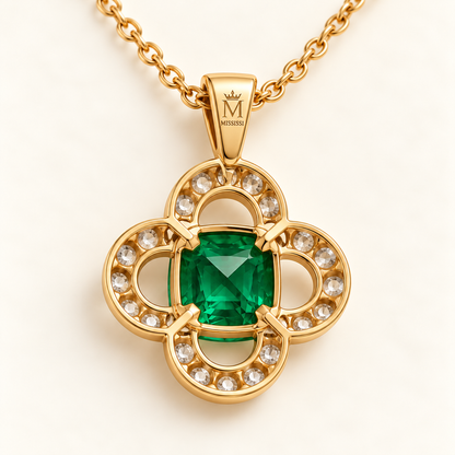 MISSISSI EM26 CLOISTER cushion lab-grown emerald quatrefoil necklace, back engraving; illustrative design visualization.