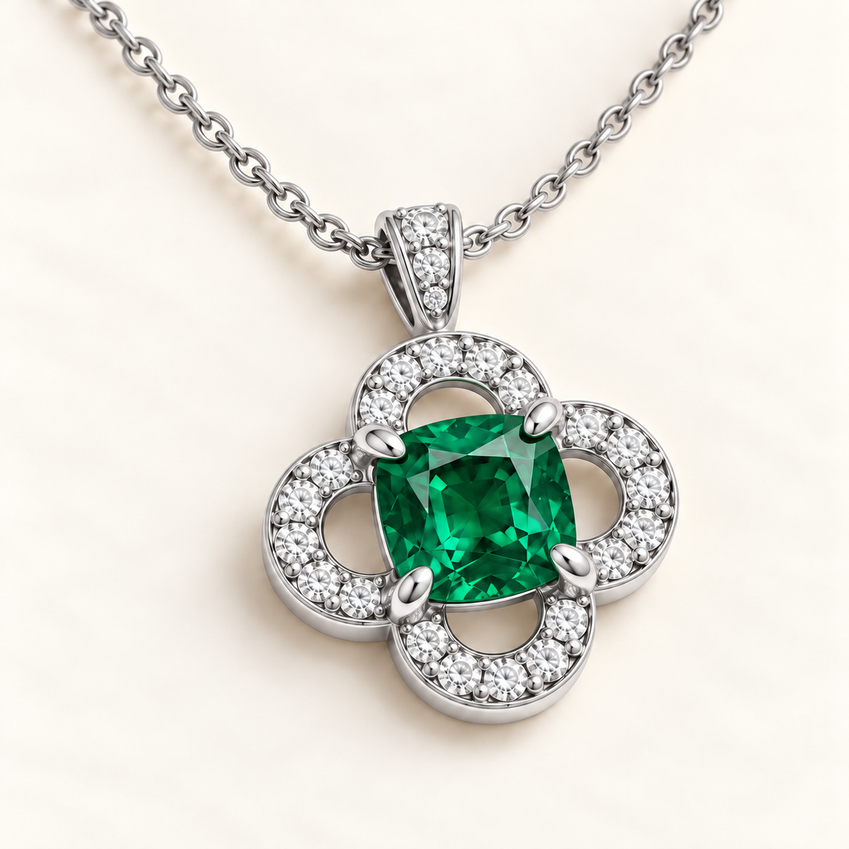 MISSISSI EM26 CLOISTER cushion lab-grown emerald quatrefoil necklace, white metal angle; illustrative design visualization.