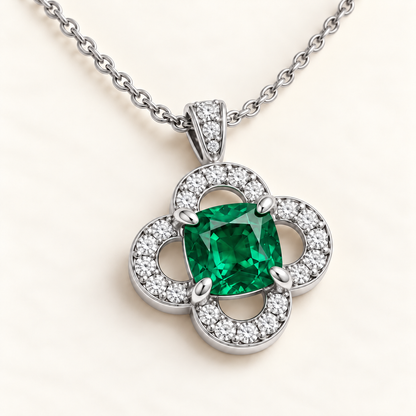 MISSISSI EM26 CLOISTER cushion lab-grown emerald quatrefoil necklace, white metal angle; illustrative design visualization.