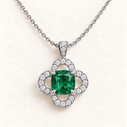 MISSISSI EM26 CLOISTER cushion lab-grown emerald quatrefoil necklace, white metal hero; design visualization.