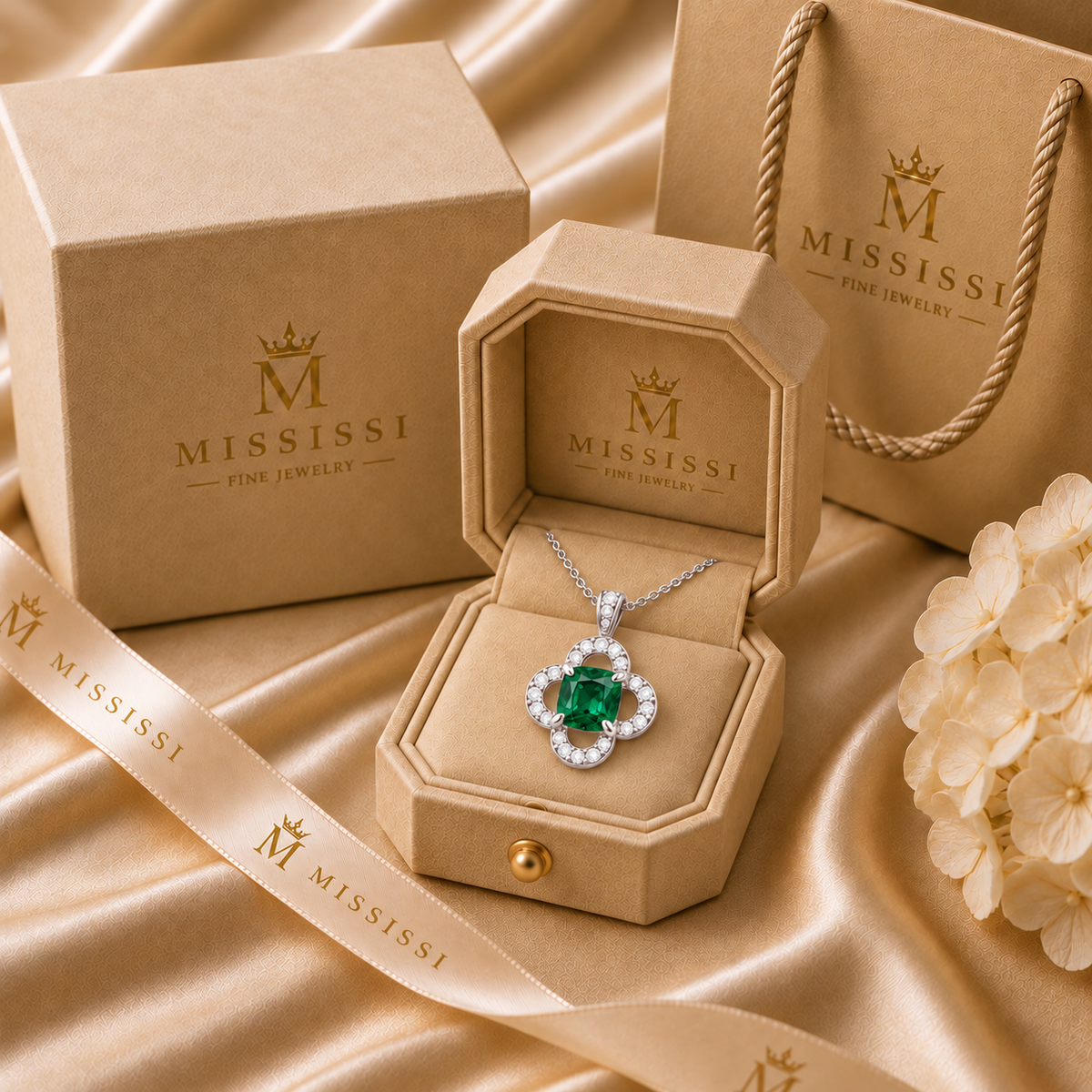 MISSISSI EM26 CLOISTER cushion lab-grown emerald quatrefoil necklace, white metal packaging; illustrative design visualization.