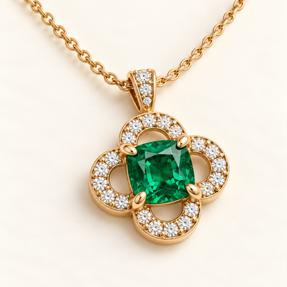 MISSISSI EM26 CLOISTER cushion lab-grown emerald quatrefoil necklace, yellow gold angle; design visualization.