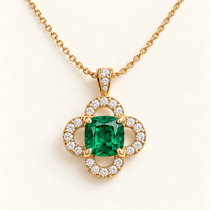 MISSISSI EM26 CLOISTER yellow gold necklace design visualization with cushion lab-grown emerald, four-lobed lab-grown diamond surround and diamond-set bail.
