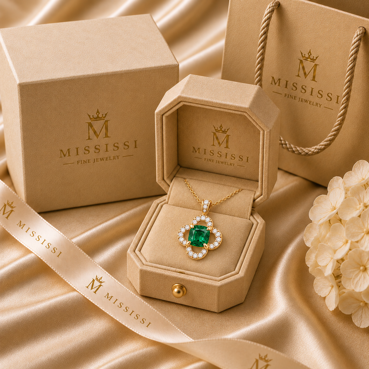 MISSISSI EM26 CLOISTER cushion lab-grown emerald quatrefoil necklace, yellow gold packaging; design visualization.