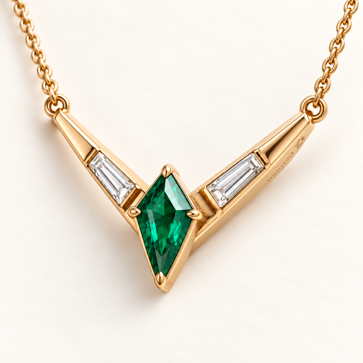 MISSISSI EM27 CHEVRON necklace with official crown-M and MISSISSI brand placement on the side edge of the gold arm; design visualization.