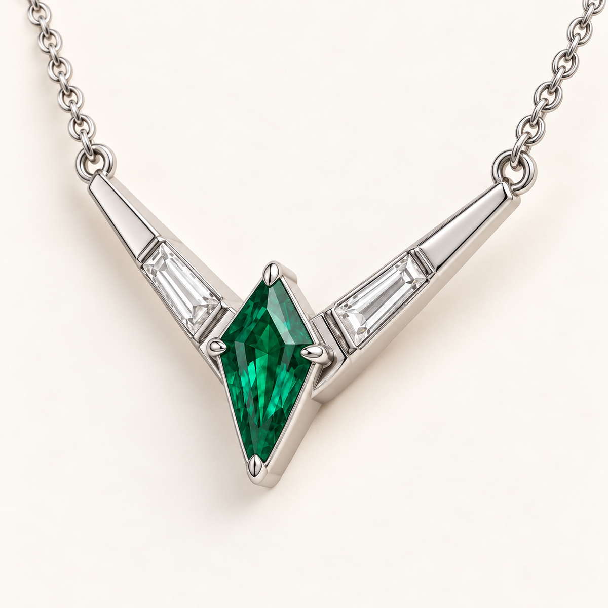 MISSISSI EM27 CHEVRON kite lab-grown emerald V necklace, white metal angle; design visualization.