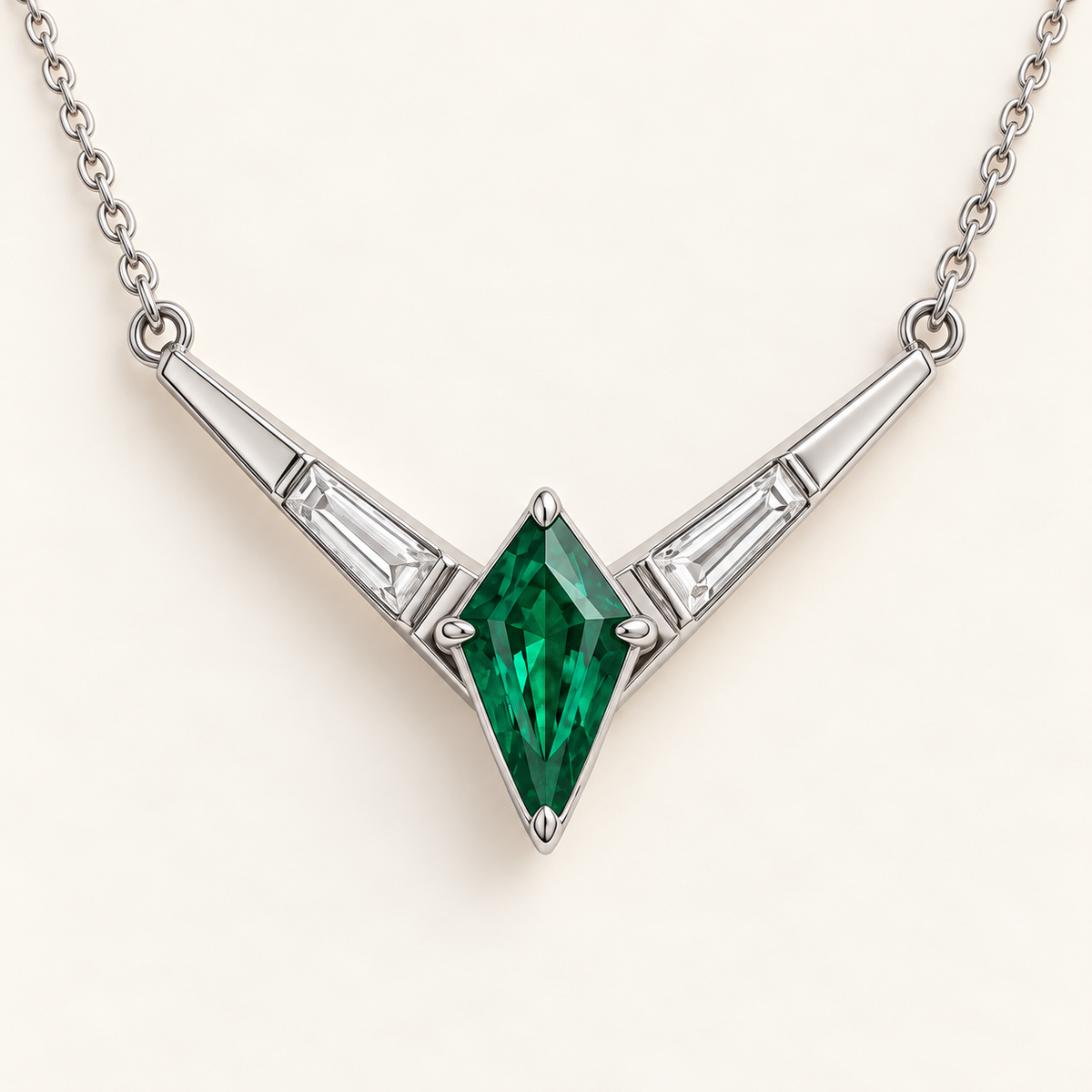 MISSISSI EM27 CHEVRON white metal necklace with kite-cut lab-grown emerald and two baguette lab-grown diamonds; design visualization.