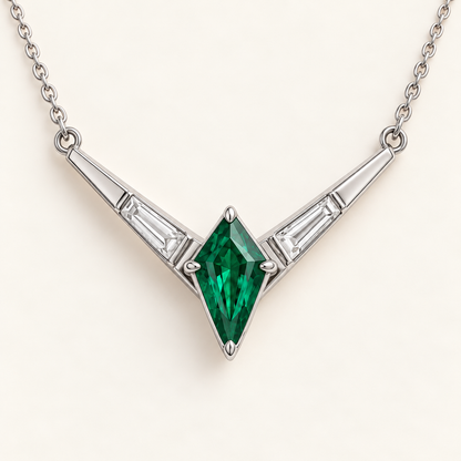 MISSISSI EM27 CHEVRON white metal necklace with kite-cut lab-grown emerald and two baguette lab-grown diamonds; design visualization.