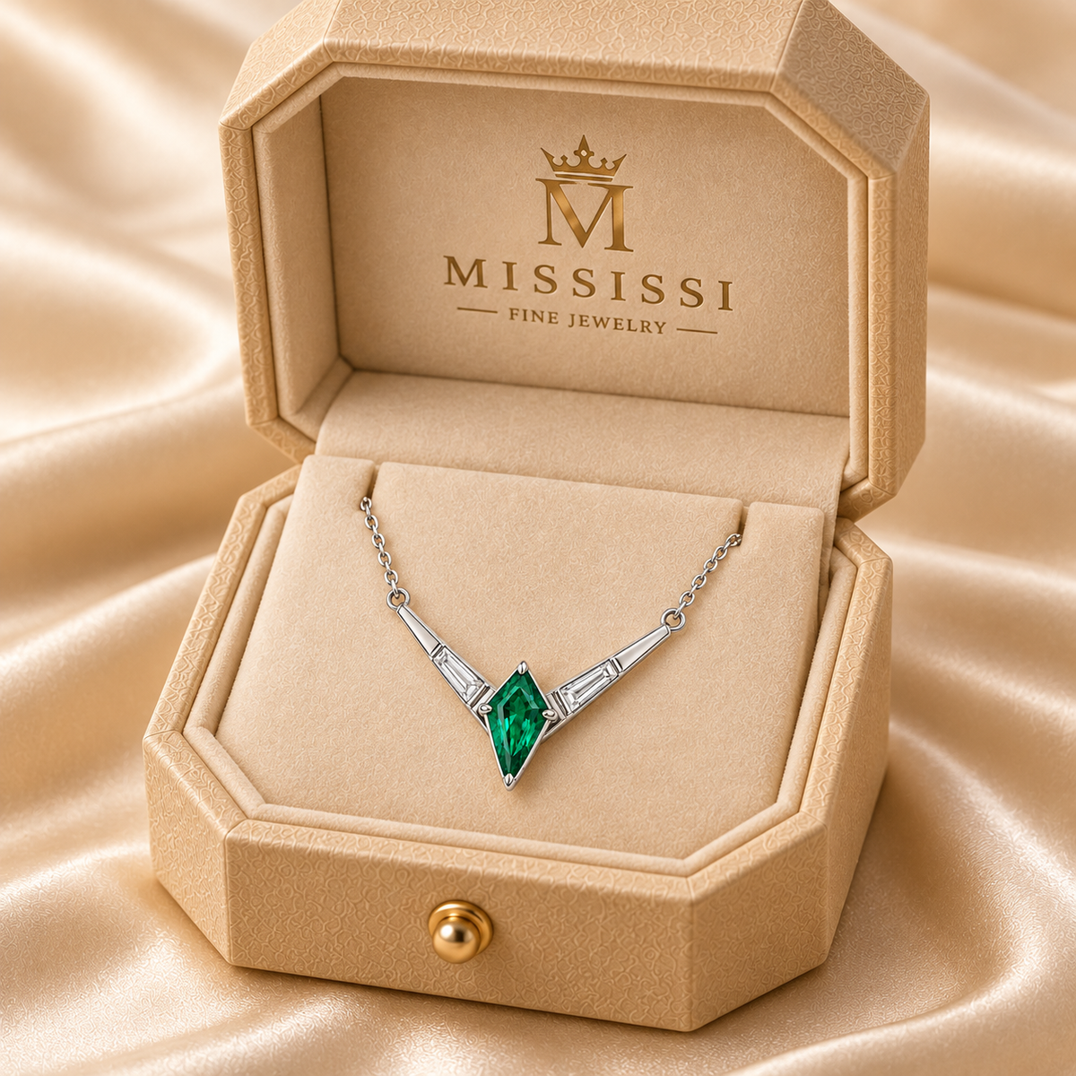 MISSISSI EM27 CHEVRON kite lab-grown emerald V necklace, white metal packaging; design visualization.