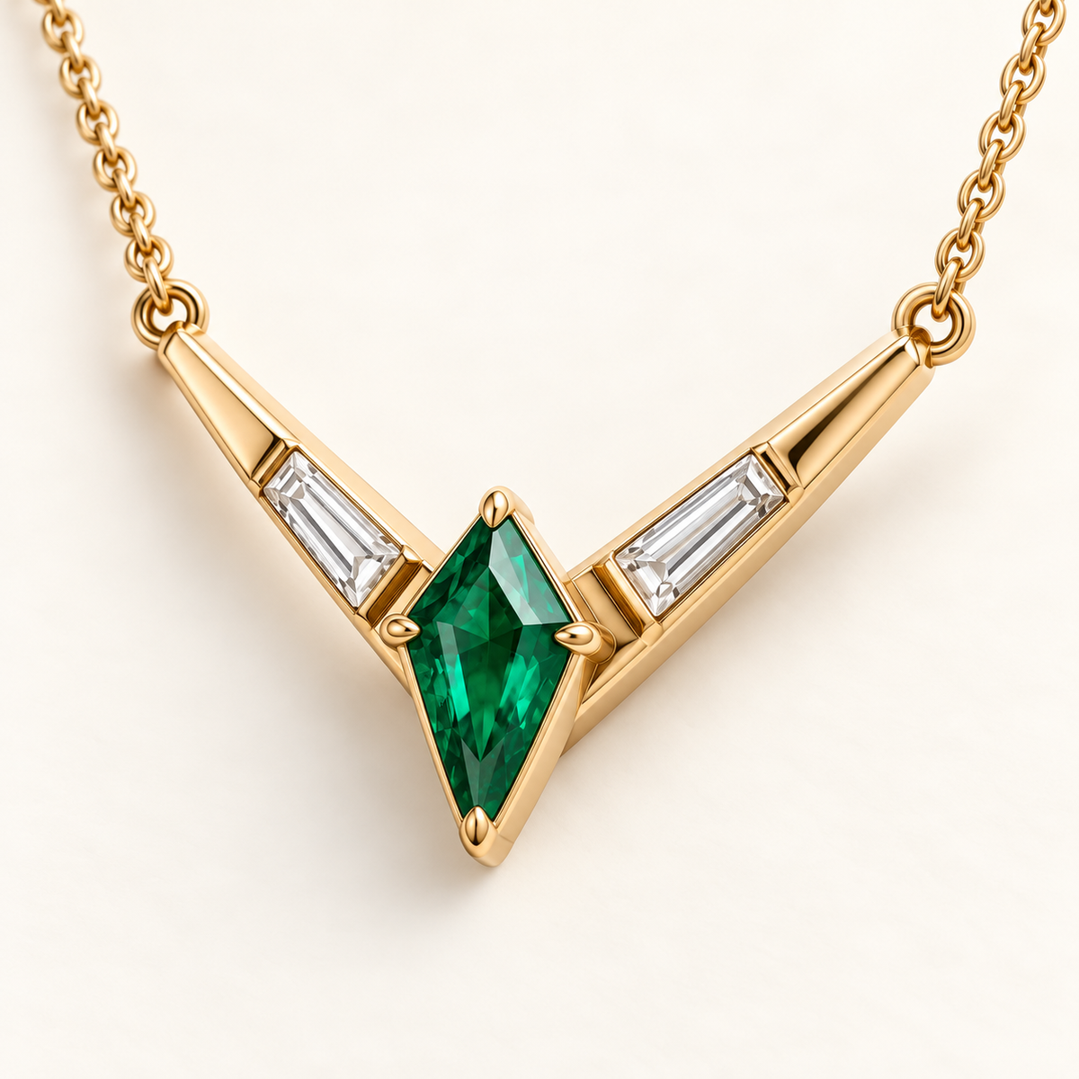 MISSISSI EM27 CHEVRON kite lab-grown emerald V necklace, yellow gold angle; design visualization.