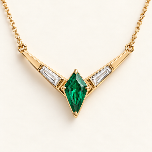 MISSISSI EM27 CHEVRON yellow gold necklace with kite-cut lab-grown emerald and two baguette lab-grown diamonds; design visualization.