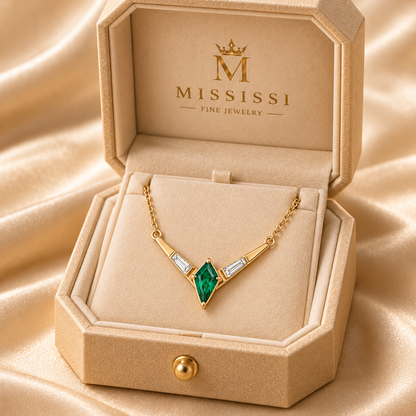 MISSISSI EM27 CHEVRON kite lab-grown emerald V necklace, yellow gold packaging; design visualization.