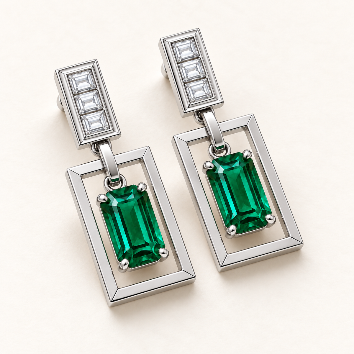 MISSISSI EM36 PORTAL lab-grown emerald diamond drop earrings, white metal angle; design visualization